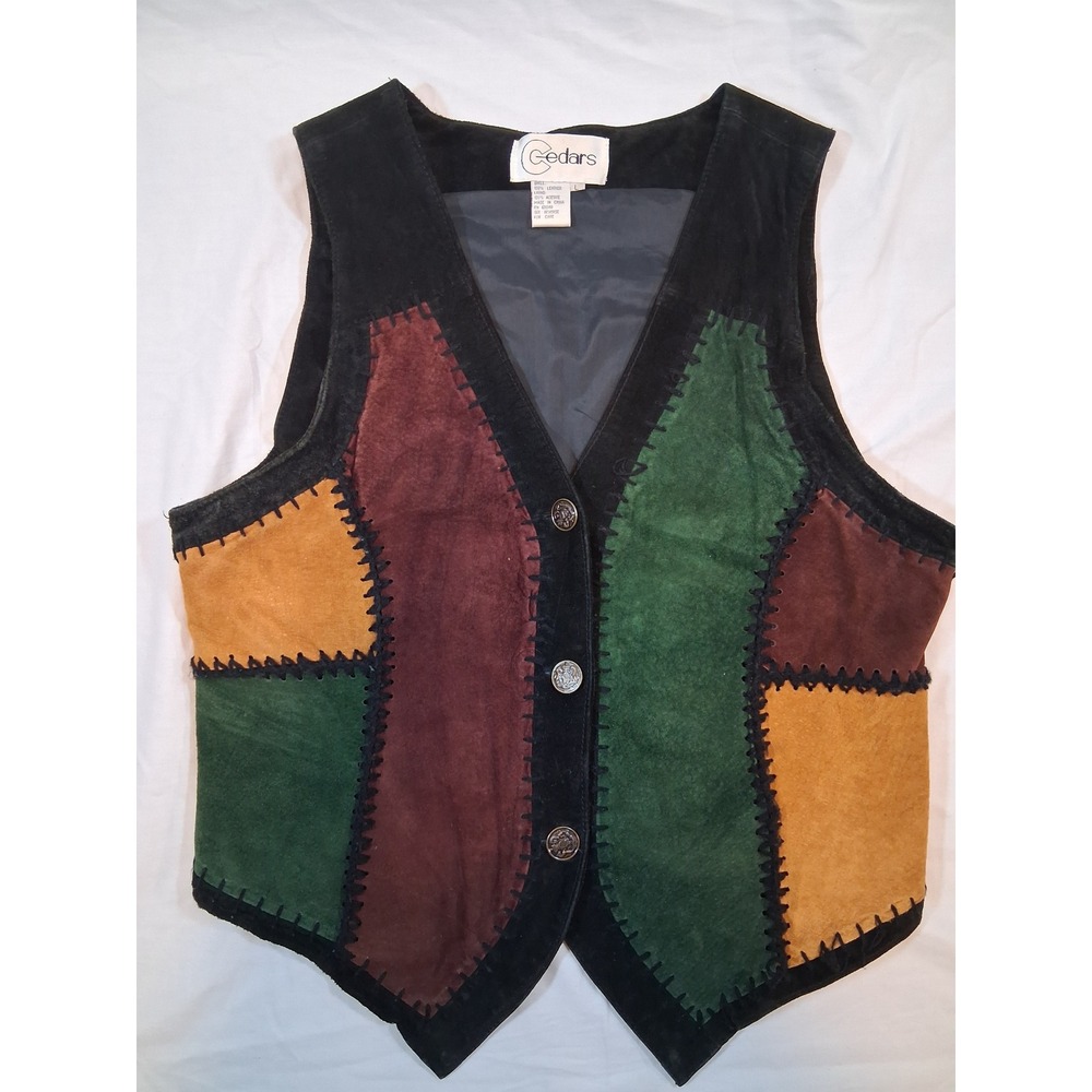 Vintage Cedars Leather Suede Patchwork Vest L Western Boho Whipstitch